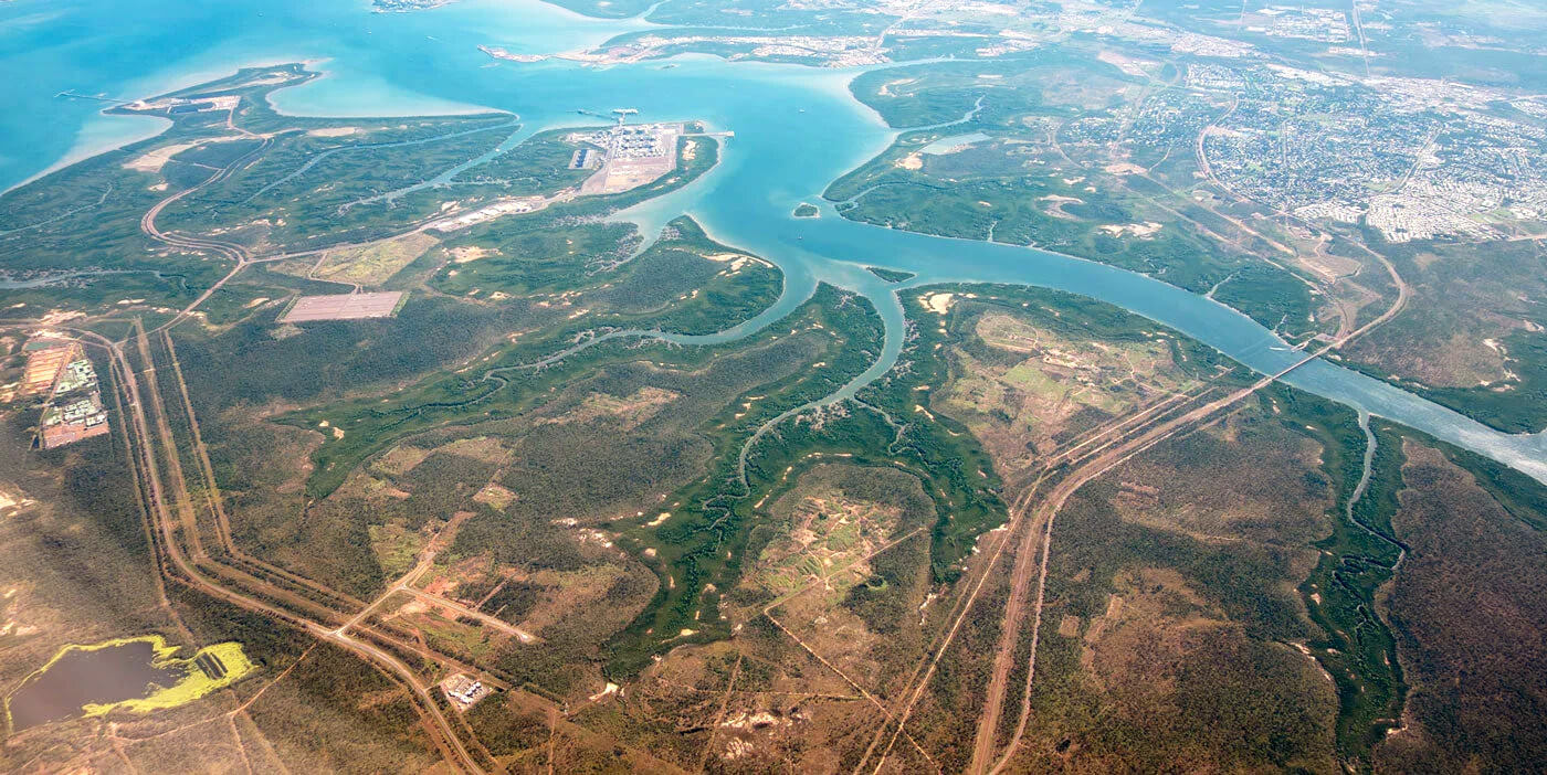 Aerial view showing the location of the remote diesel abatement system in Australia amongst a river